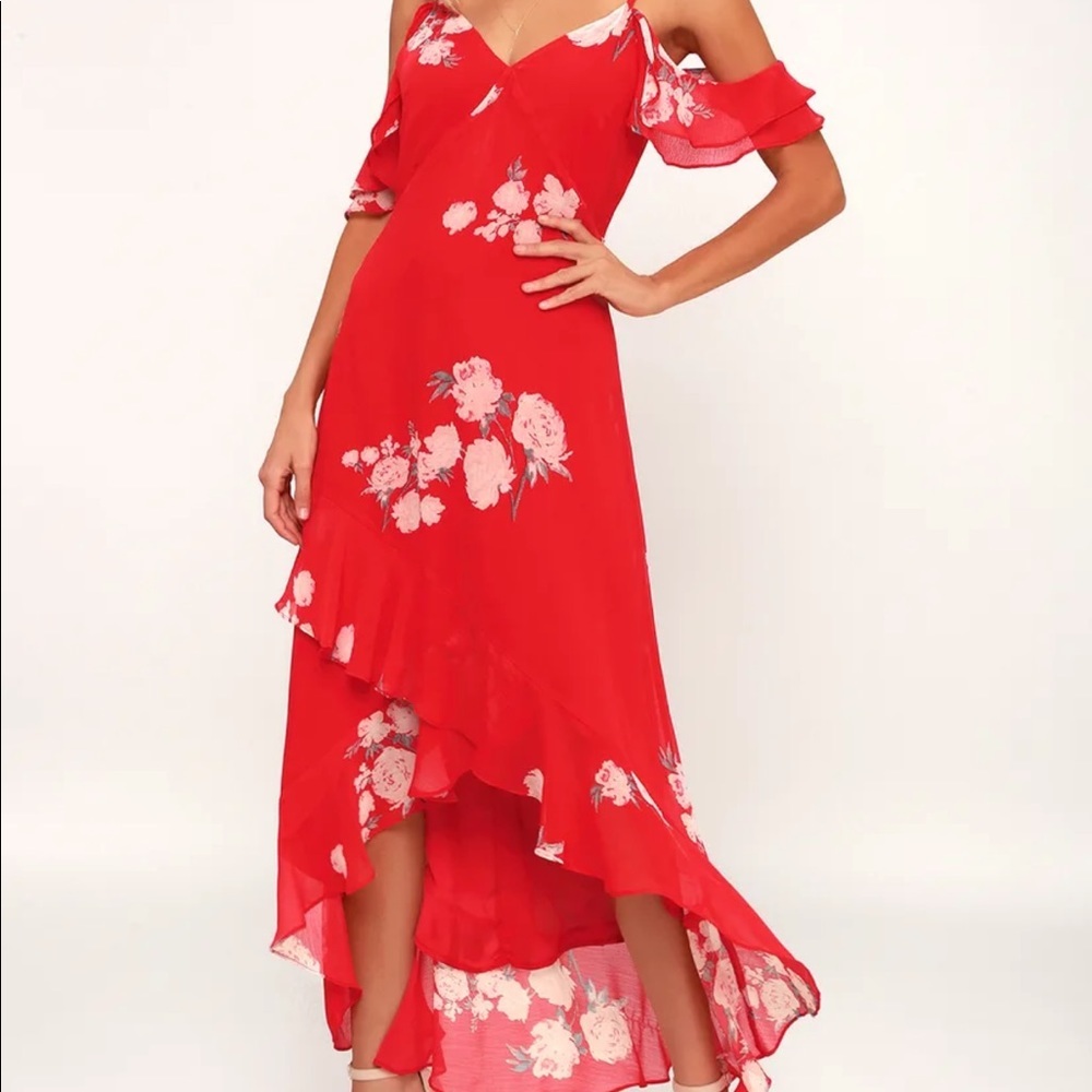 Red Floral Print Off-the-Shoulder High-Low Dress